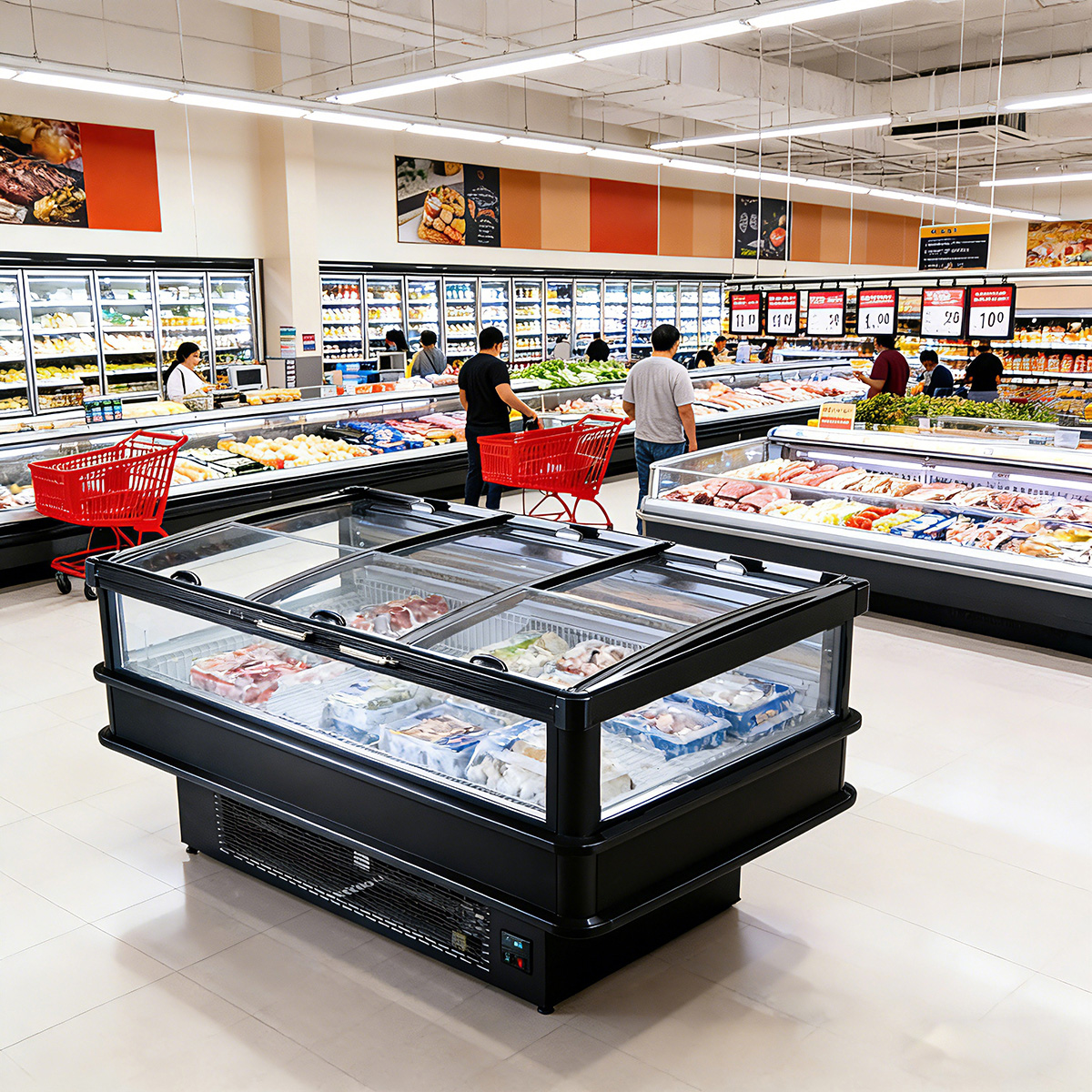 Air-cooled glass door island cabinet